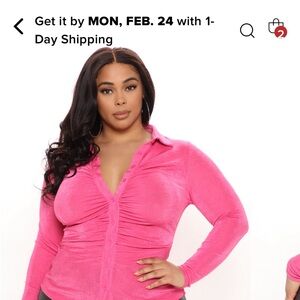 Pink Ruched Long Sleeve Notched Collar Blouse